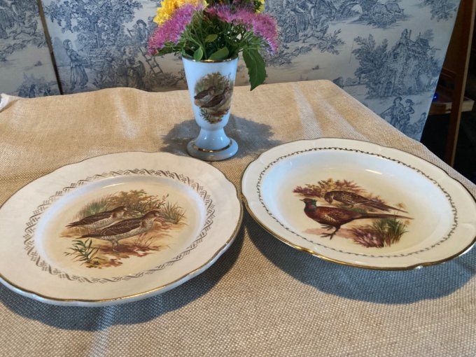 Ensemble assiettes  et massagran faisans, porcelaine de limoges