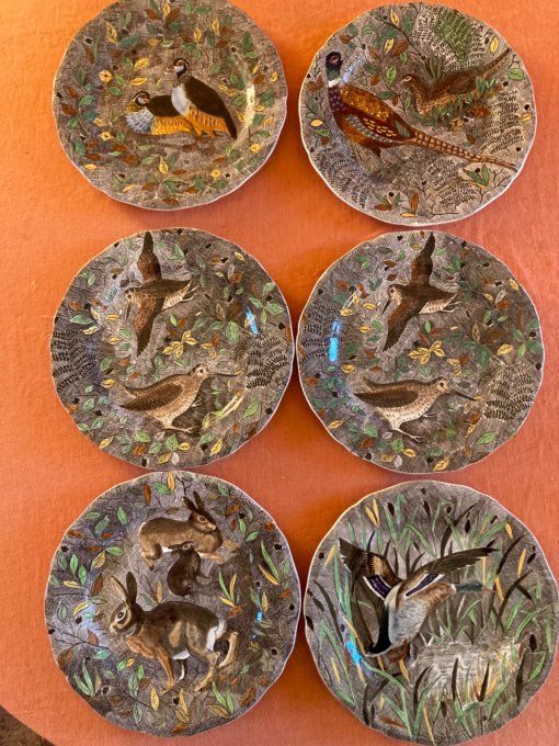 6 assiettes Gien Rambouillet, bécasse, faisans, perdrix, canard et lièvre