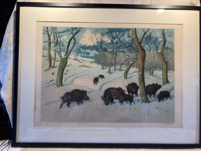 Georges Frédéric Rotig : les sangliers dans le sous bois enneigé.