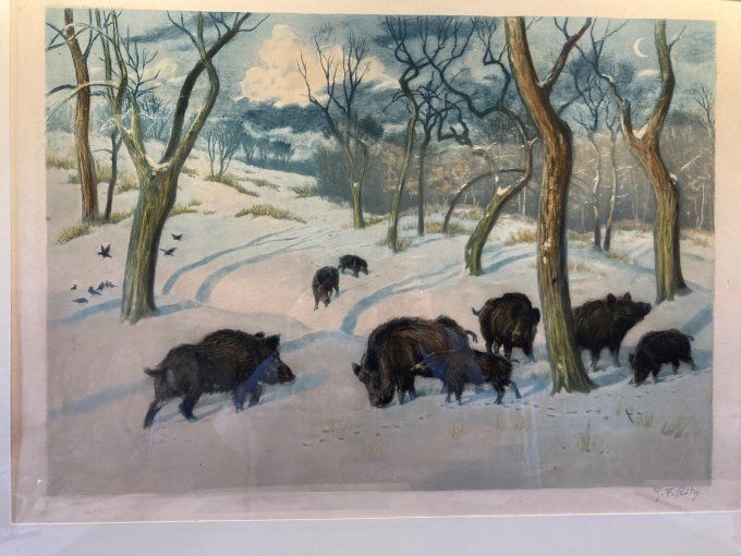 Georges Frédéric Rotig : les sangliers dans le sous bois enneigé.