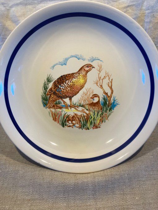 Grand plat creux à décor de perdrix. Faïence italienne