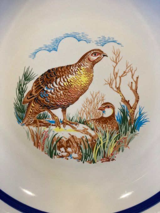 Grand plat creux à décor de perdrix. Faïence italienne