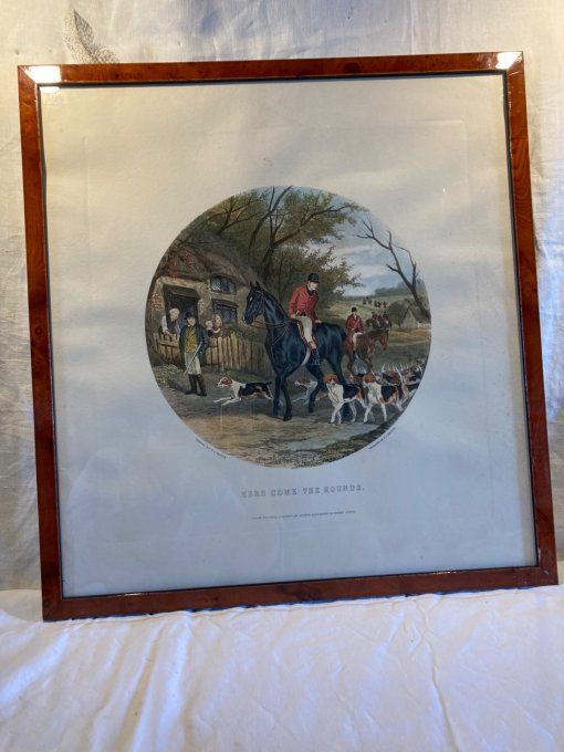 Gravure Anglaise ronde gravées par Hester. Here come the hounds