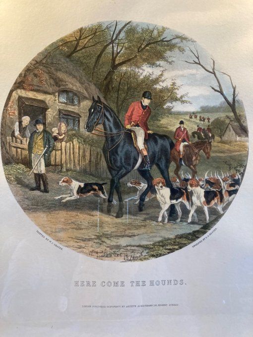 Gravure Anglaise ronde gravées par Hester. Here come the hounds