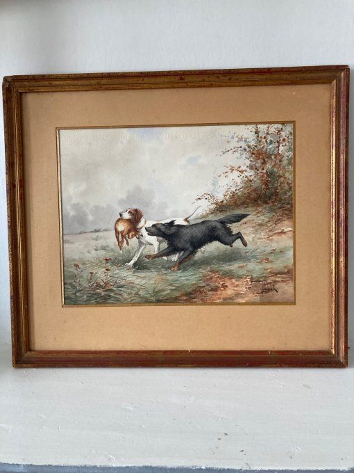 Chiens et Lievre de Alfred Webber, aquarelle gouachée