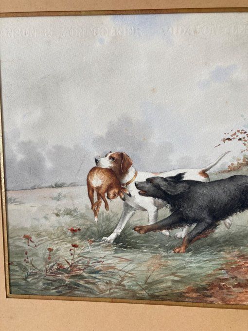 Chiens et Lievre de Alfred Webber, aquarelle gouachée