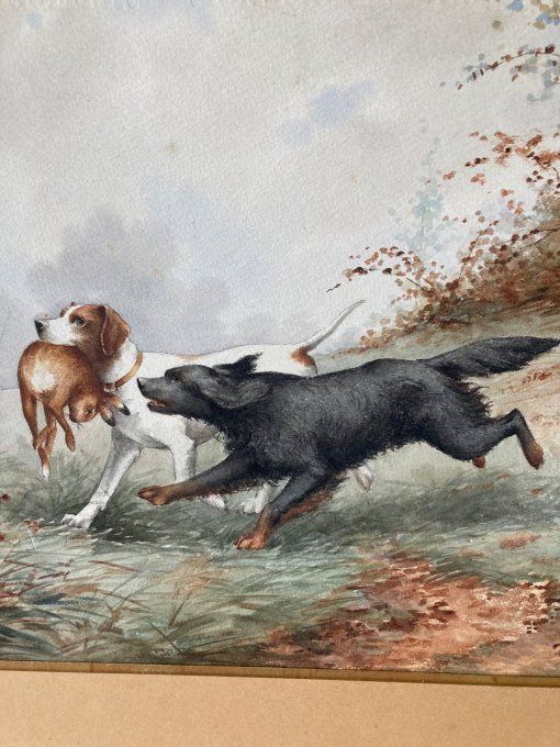 Chiens et Lievre de Alfred Webber, aquarelle gouachée
