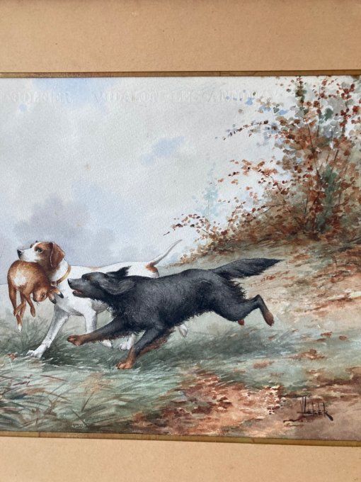 Chiens et Lievre de Alfred Webber, aquarelle gouachée