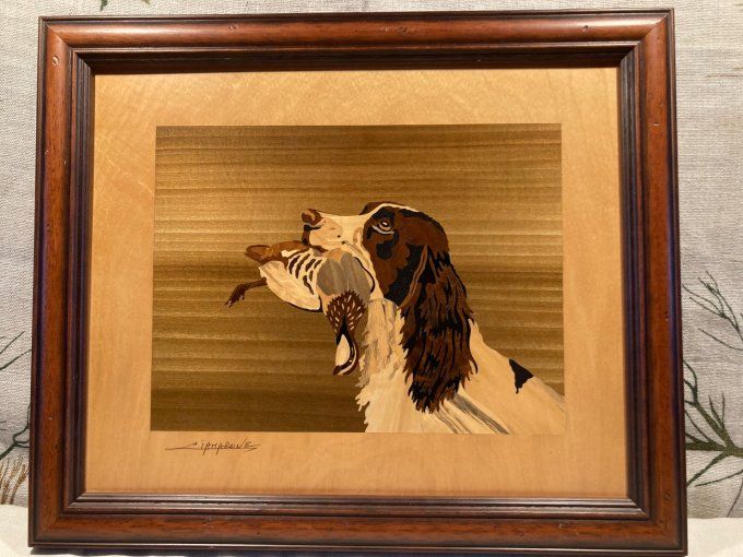 Dominique Ciamarone : Chien à la perdrix en marqueterie