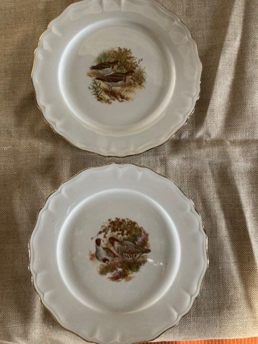 2 assiettes plates à décor de bécasses et perdreaux.