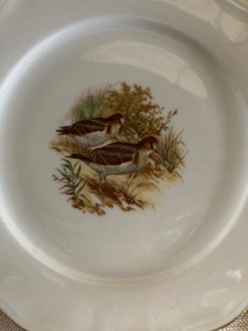 2 assiettes plates à décor de bécasses et perdreaux.