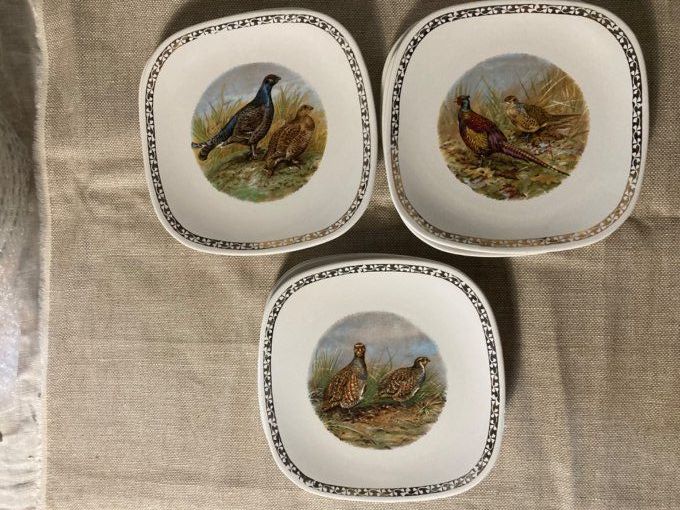 9 assiettes faïencerie longchamp à décors de faisans, perdreaux et bécasses