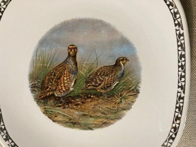 9 assiettes faïencerie longchamp à décors de faisans, perdreaux et bécasses