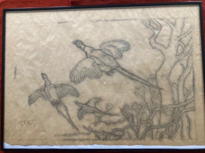 Georges Frédéric Rotig : dessin préparatoire faisans au vol