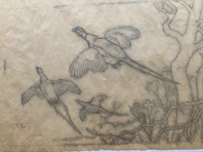 Georges Frédéric Rotig : dessin préparatoire faisans au vol