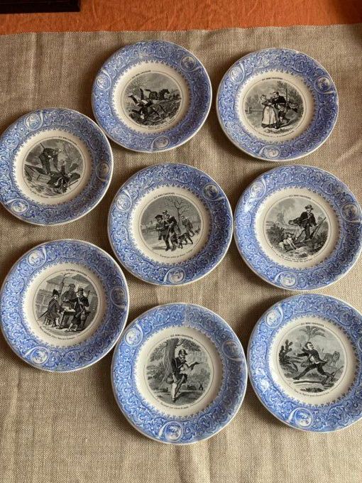 8 assiettes « Les Bons Chasseurs » faïence de Luneville