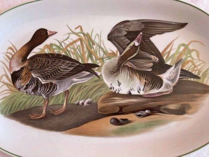 Plat oval en porcelaine PH Deshoulieres à décor d oies